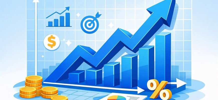 business, growth, chart, arrow, success, finance, investment, profit, market, blue, statistics, economy, strategy, data, money, coins, goals, target, infographic, analysis, ai generated