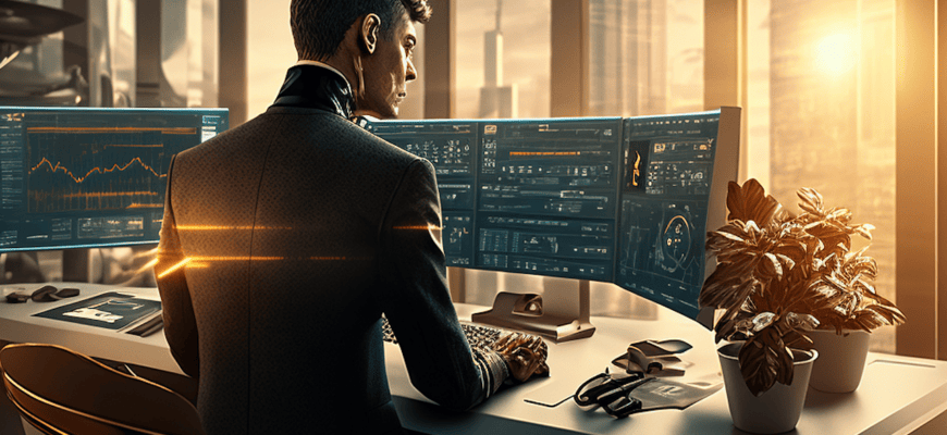 ai generated, analyst, businessman, boss, crypto analyst, cryptocurrency, blockchain, financial, executive, professional, office, project, computer, sun rays