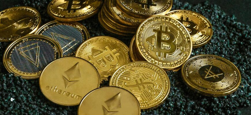 a pile of gold and silver bitcoins