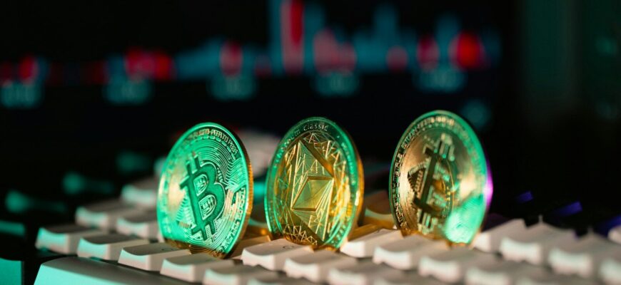 Cryptocurrency coins sit on a keyboard.