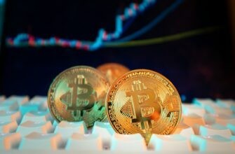 Bitcoin coins are displayed with a stock chart.